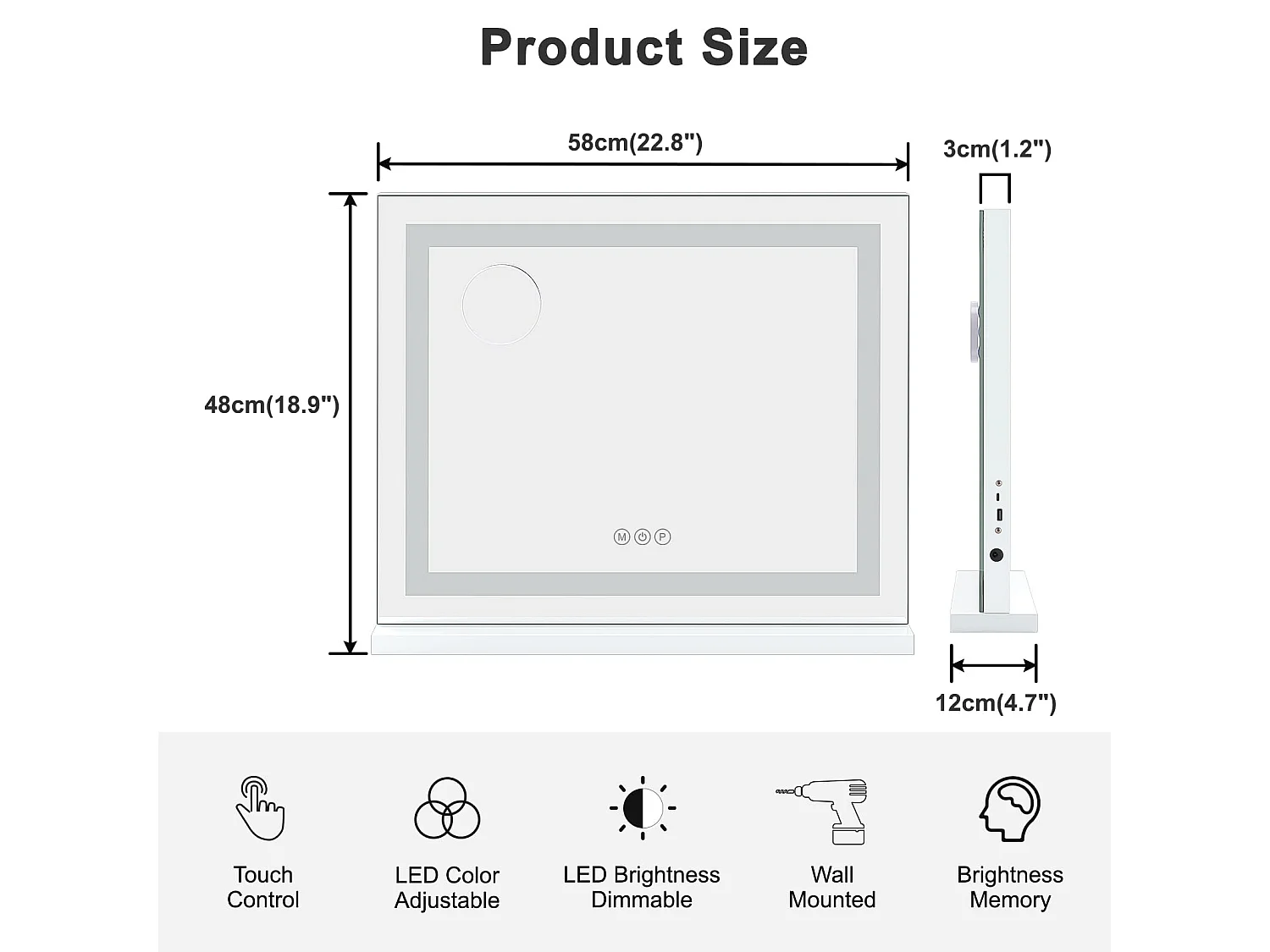 Miroir Maquillage LED 58x48cm, Hollywood, 3 Modes, Luminosité Réglable, Contrôle Tactile, Table ou Mur, Blanc