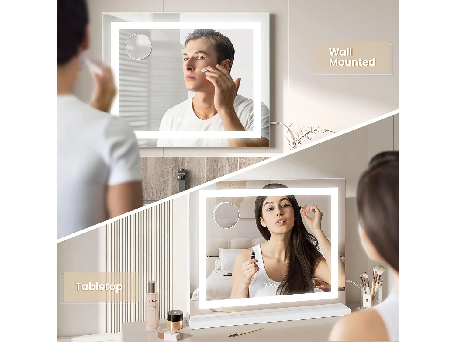 Miroir Maquillage LED 58x48cm, Hollywood, 3 Modes, Luminosité Réglable, Contrôle Tactile, Table ou Mur, Blanc