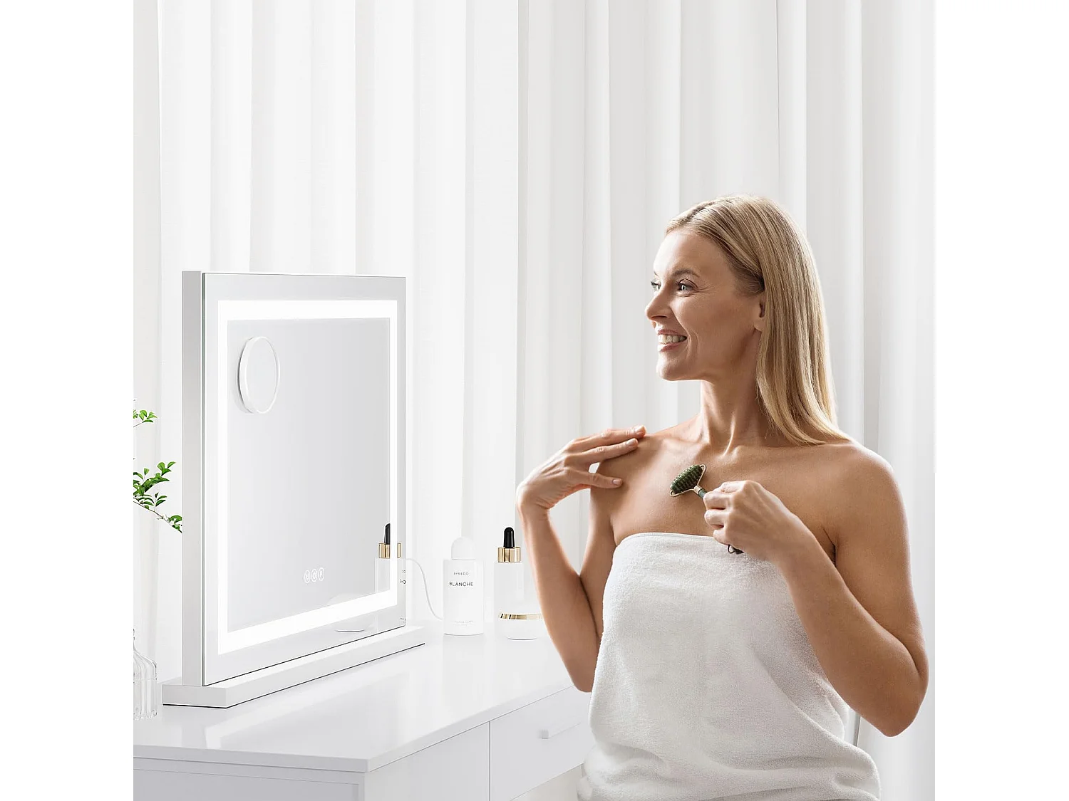 Miroir Maquillage LED 58x48cm, Hollywood, 3 Modes, Luminosité Réglable, Contrôle Tactile, Table ou Mur, Blanc