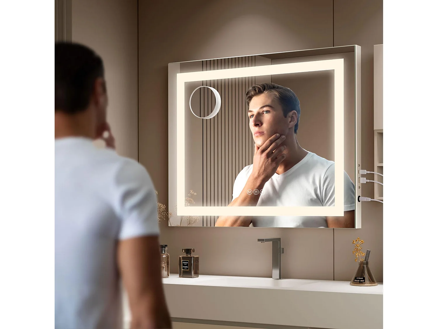 Miroir Maquillage LED 58x48cm, Hollywood, 3 Modes, Luminosité Réglable, Contrôle Tactile, Table ou Mur, Blanc