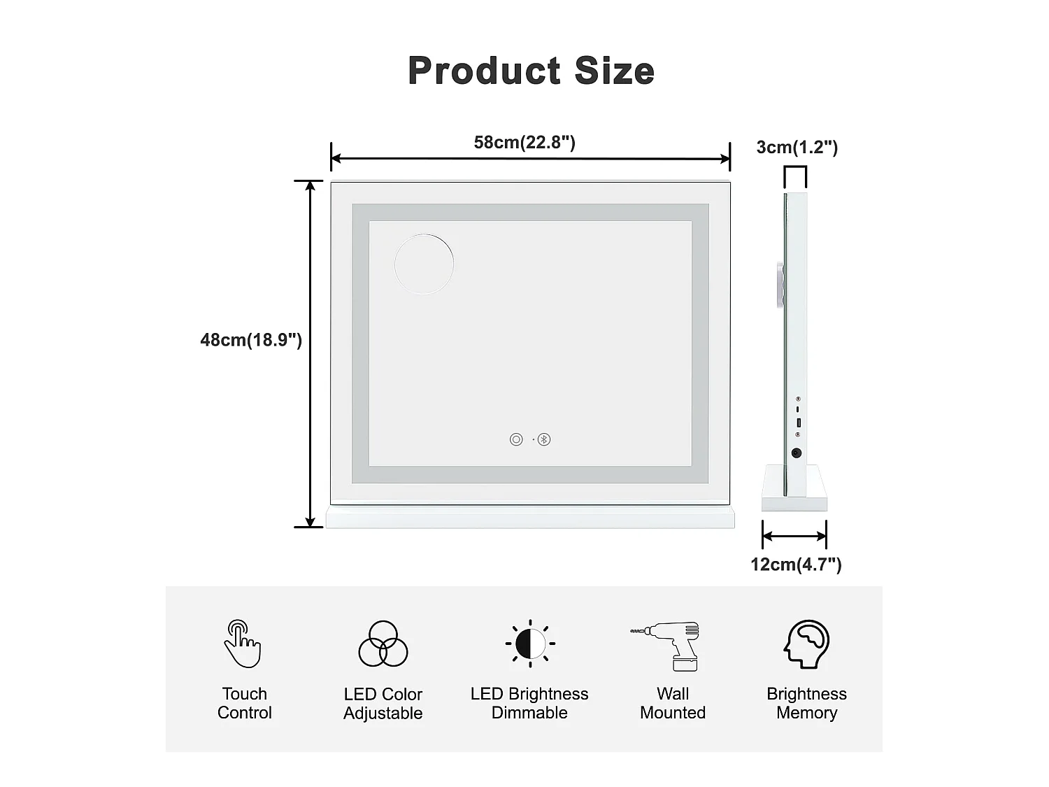 Hollywood Bluetooth LED make-upspiegel 58x48cm, 3 standen, instelbare helderheid, touch, USB/Type-C, tafel of muur, wit
