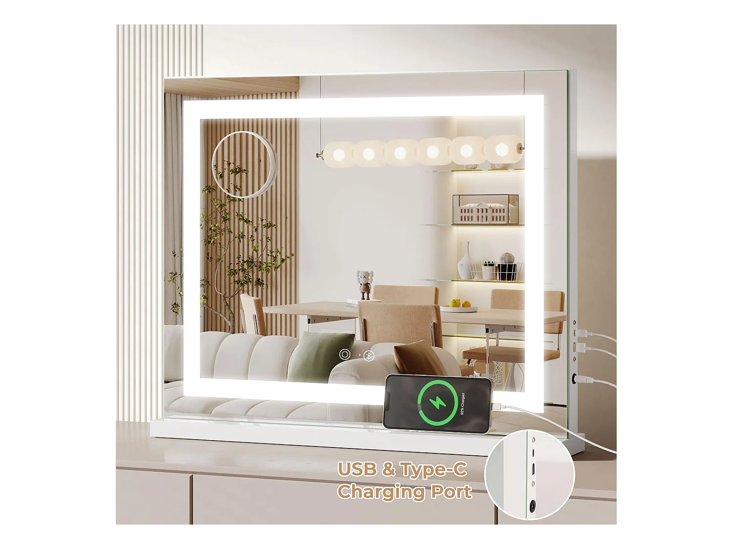 Hollywood Bluetooth LED make-upspiegel 58x48cm, 3 standen, instelbare helderheid, touch, USB/Type-C, tafel of muur, wit