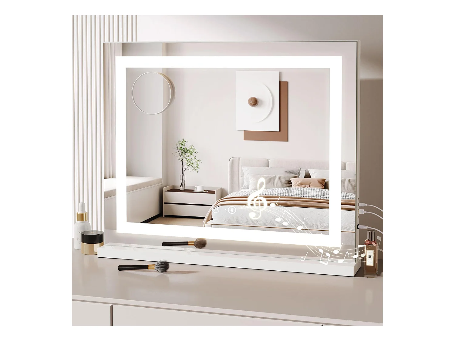 Miroir Maquillage LED Hollywood Bluetooth 58x48cm, 3 Modes, Luminosité Réglable, Touch, USB/Type-C, Table ou Mur, Blanc