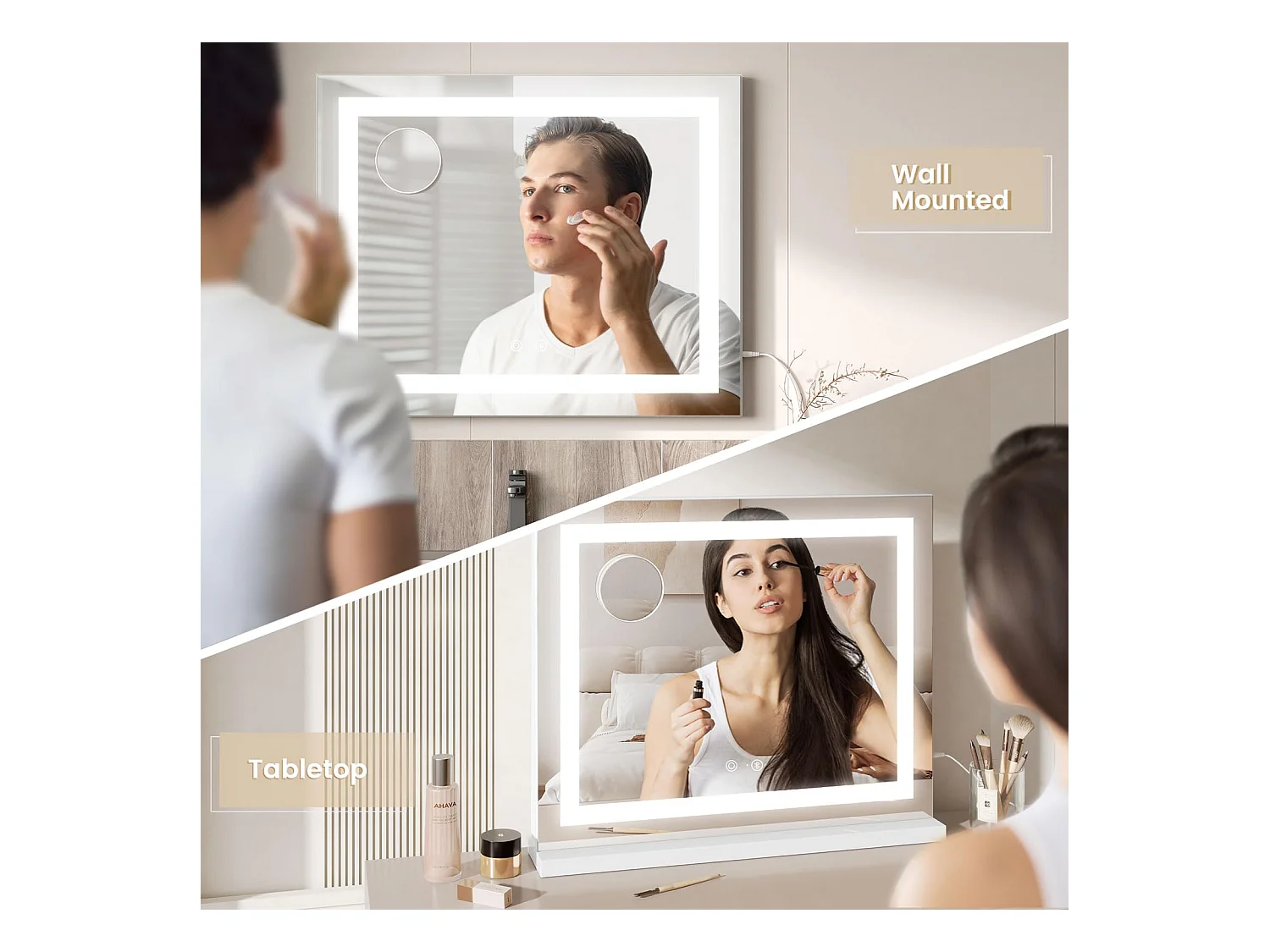 Miroir Maquillage LED Hollywood Bluetooth 58x48cm, 3 Modes, Luminosité Réglable, Touch, USB/Type-C, Table ou Mur, Blanc