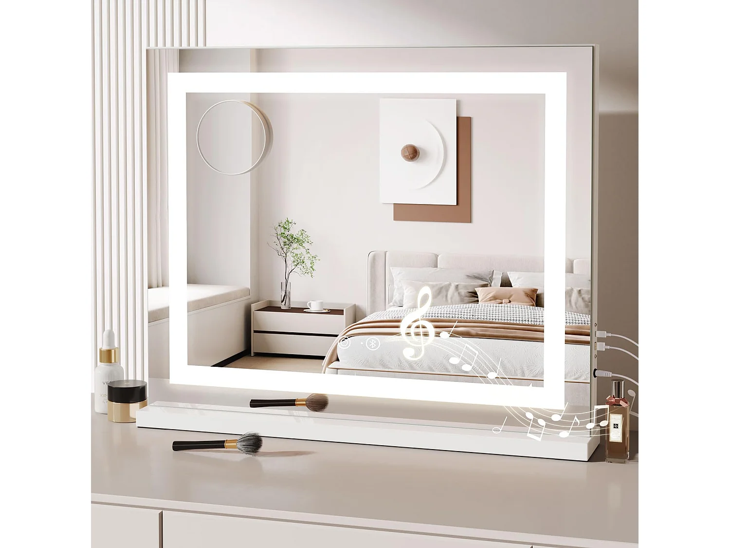 Miroir Maquillage LED Hollywood Bluetooth 58x48cm, 3 Modes, Luminosité Réglable, Touch, USB/Type-C, Table ou Mur, Blanc
