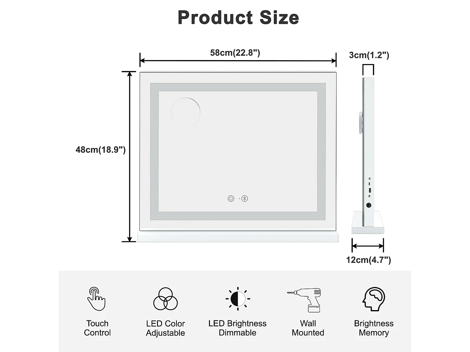 Miroir Maquillage LED Hollywood Bluetooth 58x48cm, 3 Modes, Luminosité Réglable, Touch, USB/Type-C, Table ou Mur, Blanc