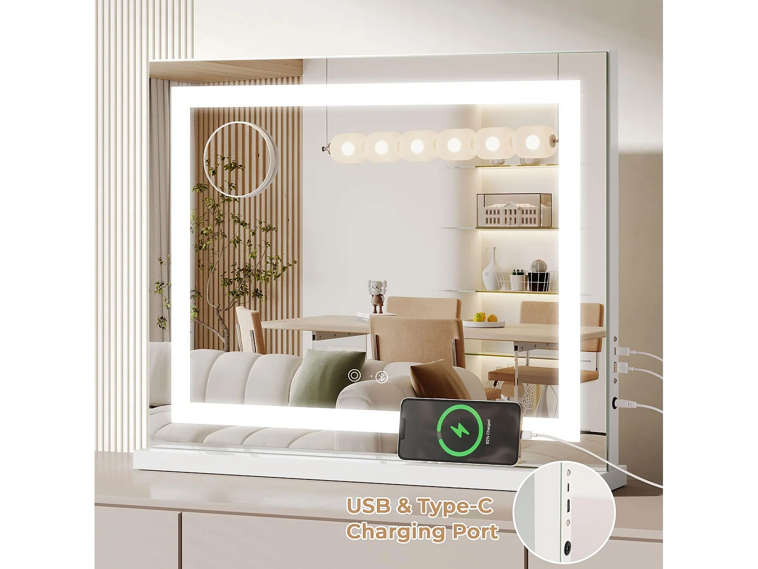 Miroir Maquillage LED Hollywood Bluetooth 58x48cm, 3 Modes, Luminosité Réglable, Touch, USB/Type-C, Table ou Mur, Blanc