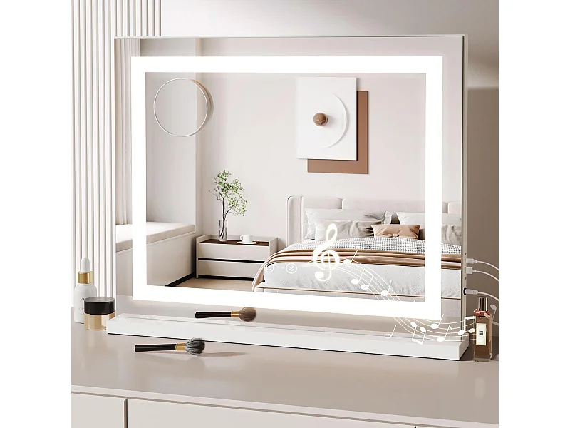 Miroir Maquillage LED Hollywood Bluetooth 58x48cm, 3 Modes, Luminosité Réglable, Touch, USB/Type-C, Table ou Mur, Blanc