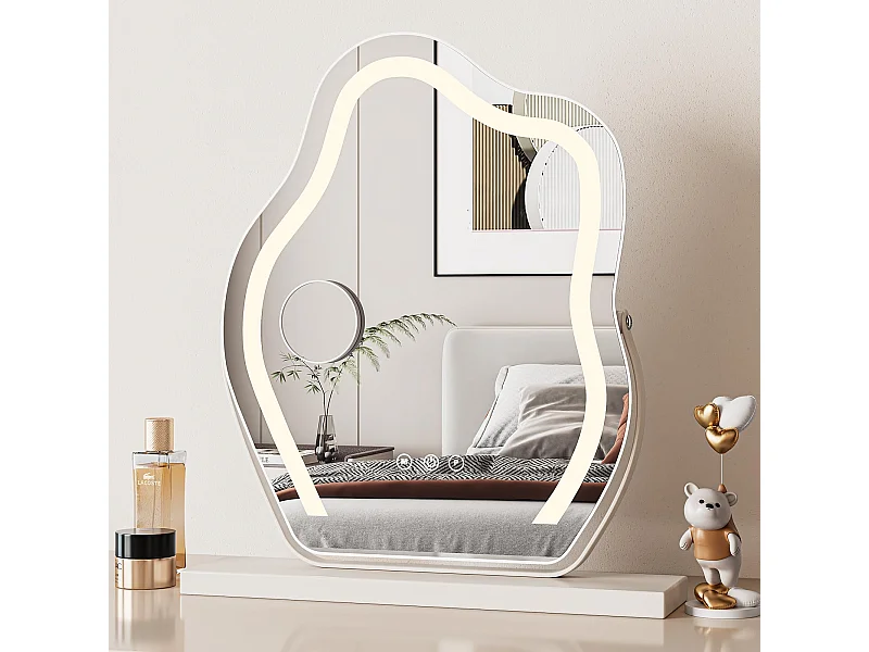 Miroir Maquillage LED Nuage 58x50cm, Hollywood, Rotation 180°, 3 Modes, Luminosité Réglable, Contrôle Tactile, Table ou Mur, Blanc