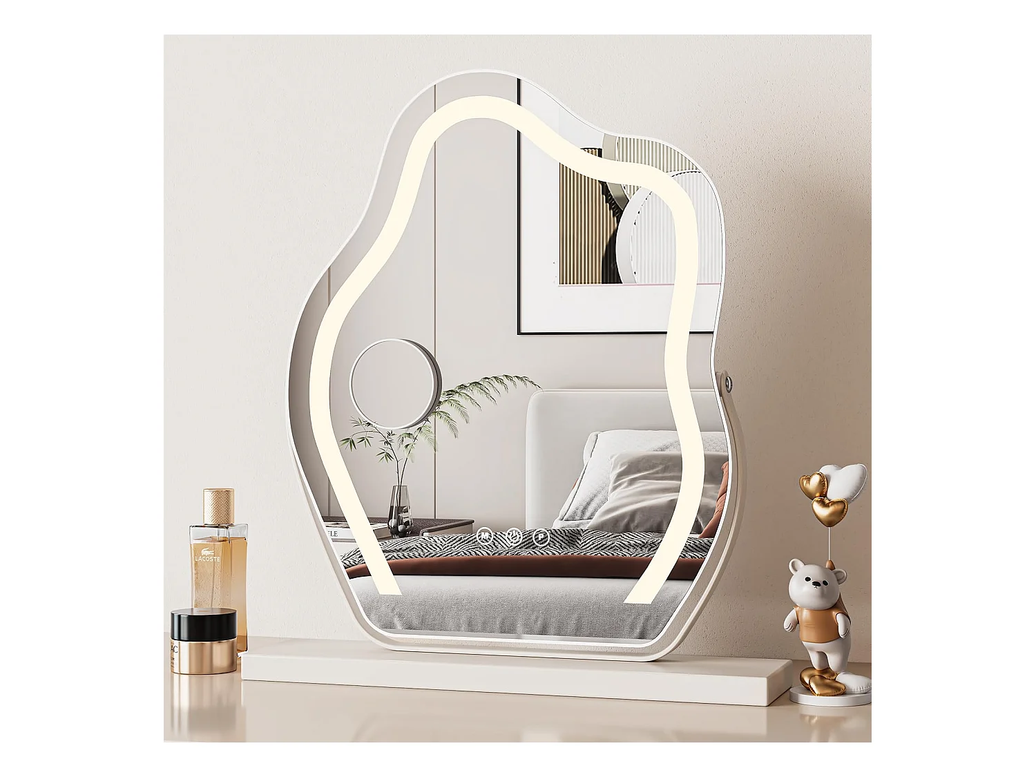 Miroir Maquillage LED Nuage 58x50cm, Hollywood, Rotation 180°, 3 Modes, Luminosité Réglable, Contrôle Tactile, Table ou Mur, Blanc