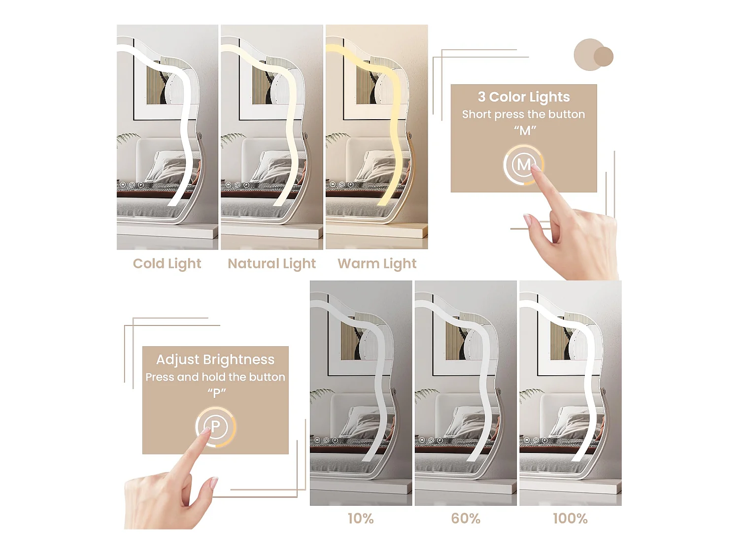 Miroir Maquillage LED Nuage 58x50cm, Hollywood, Rotation 180°, 3 Modes, Luminosité Réglable, Contrôle Tactile, Table ou Mur, Blanc