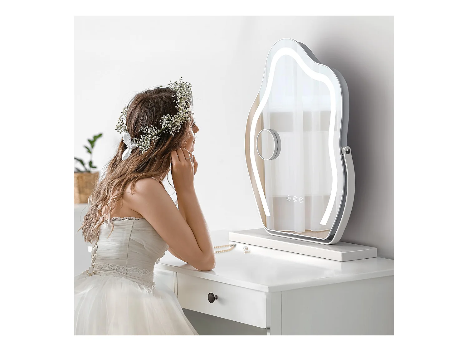 Miroir Maquillage LED Nuage 58x50cm, Hollywood, Rotation 180°, 3 Modes, Luminosité Réglable, Contrôle Tactile, Table ou Mur, Blanc