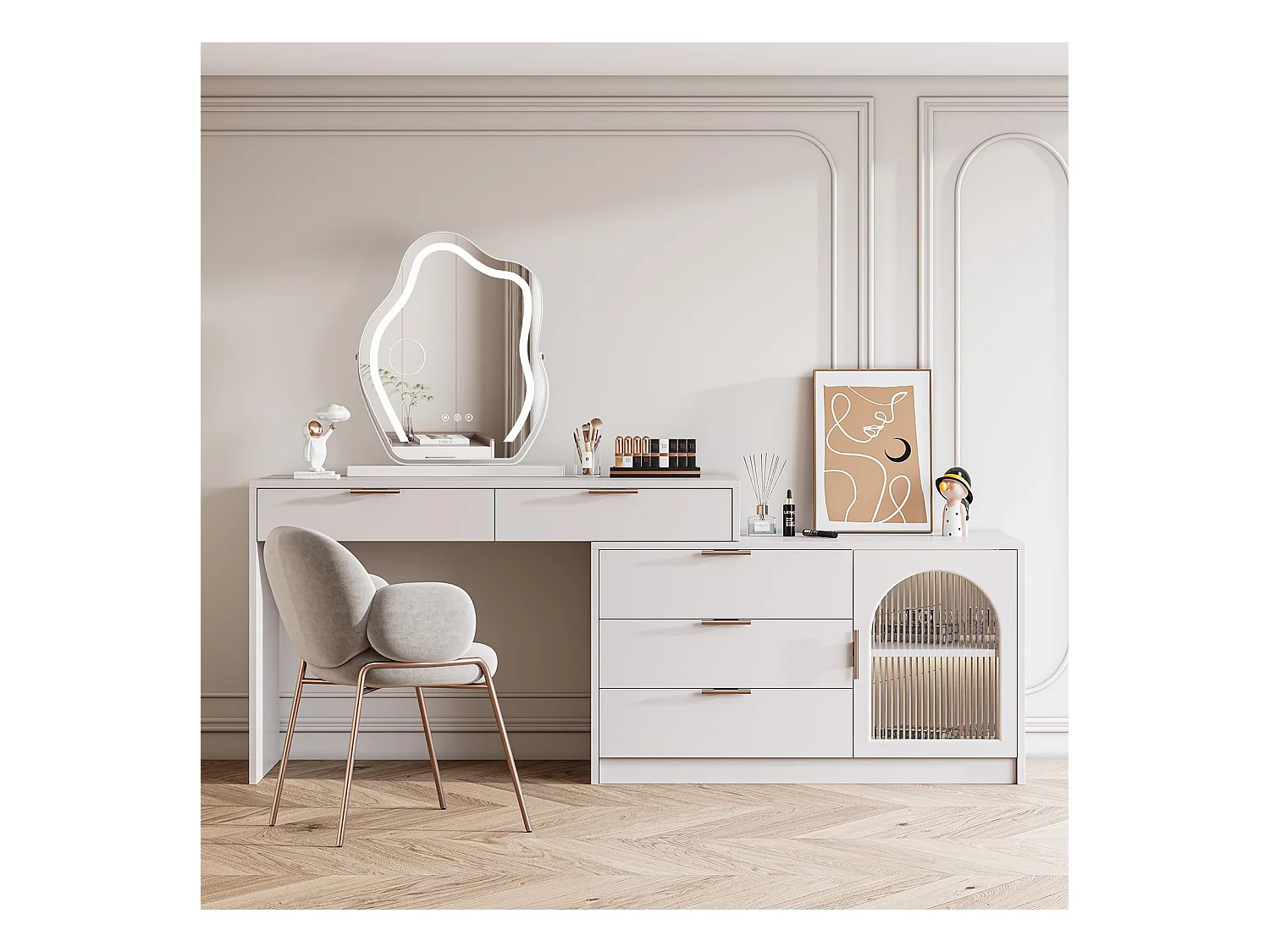 Miroir Maquillage LED Nuage 58x50cm, Hollywood, Rotation 180°, 3 Modes, Luminosité Réglable, Contrôle Tactile, Table ou Mur, Blanc