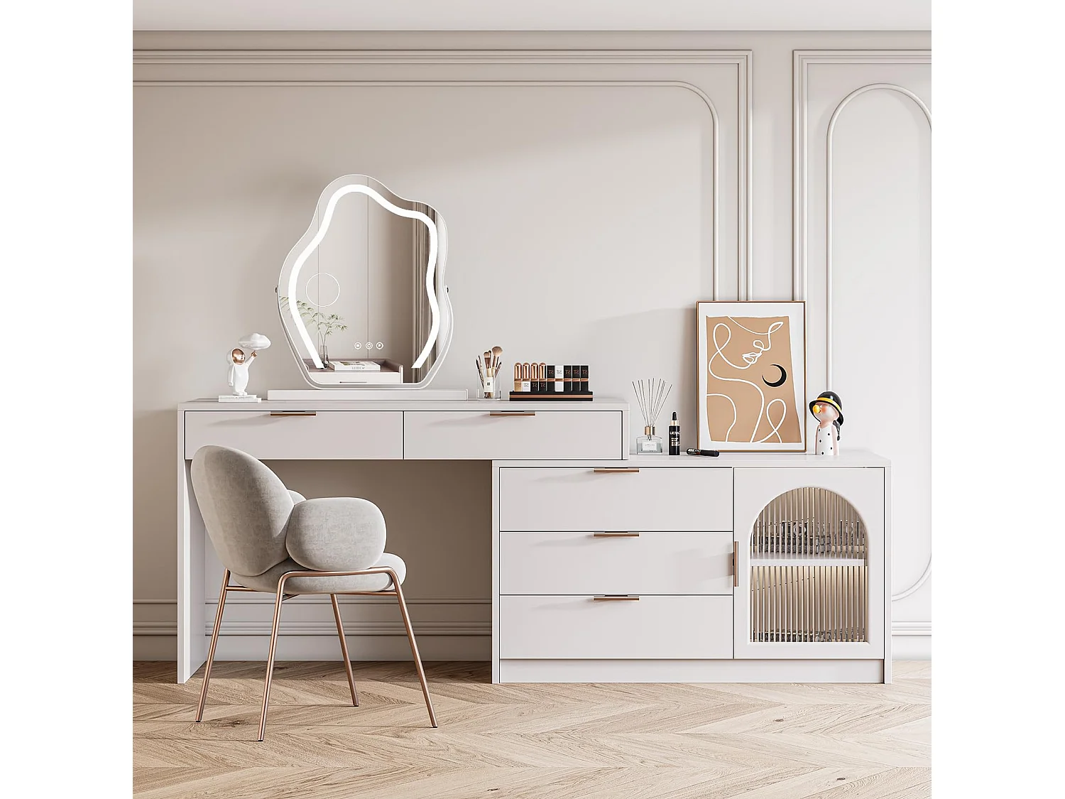 Miroir Maquillage LED Nuage 58x50cm, Hollywood, Rotation 180°, 3 Modes, Luminosité Réglable, Contrôle Tactile, Table ou Mur, Blanc