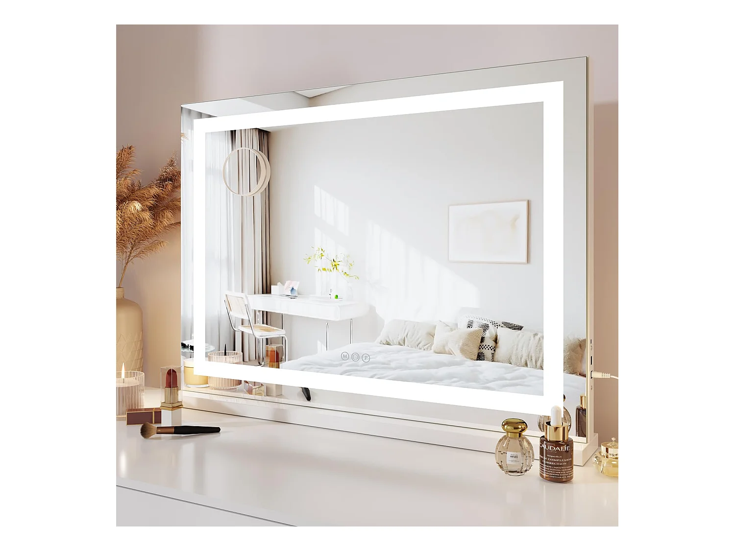 Miroir Maquillage LED 80x58cm, 3 Modes, Luminosité Réglable, Touch, USB/Type-C, Grossissante Incluse, Table ou Mur, Blanc