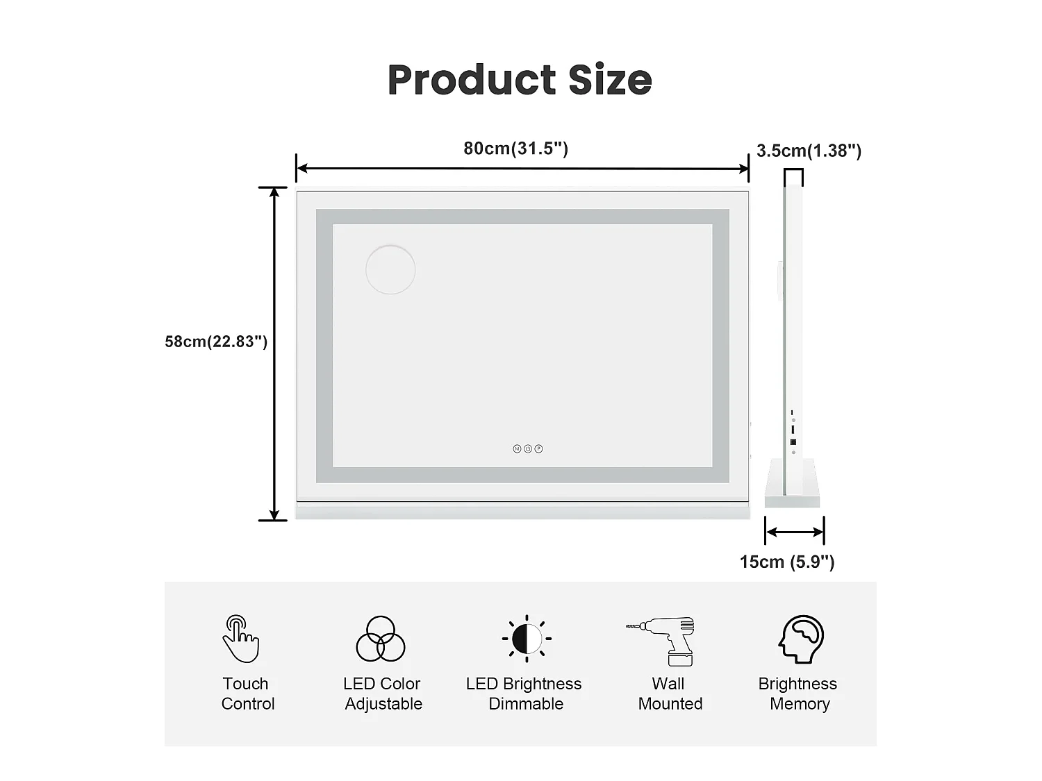 Miroir Maquillage LED 80x58cm, 3 Modes, Luminosité Réglable, Touch, USB/Type-C, Grossissante Incluse, Table ou Mur, Blanc