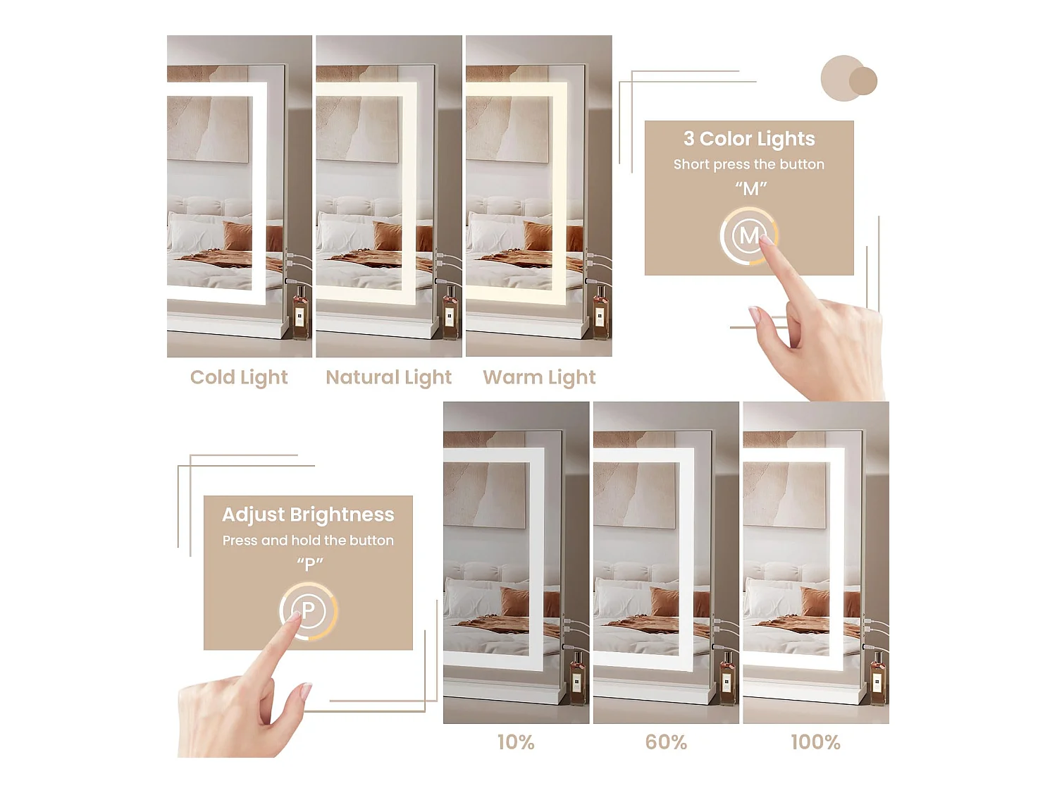 Miroir Maquillage LED 80x58cm, 3 Modes, Luminosité Réglable, Touch, USB/Type-C, Grossissante Incluse, Table ou Mur, Blanc