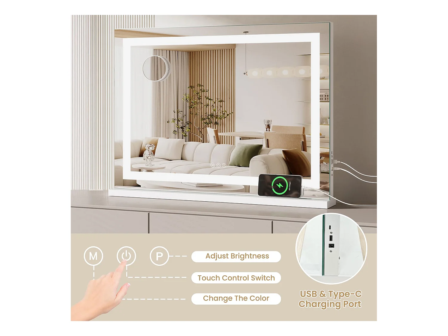 Miroir Maquillage LED 80x58cm, 3 Modes, Luminosité Réglable, Touch, USB/Type-C, Grossissante Incluse, Table ou Mur, Blanc