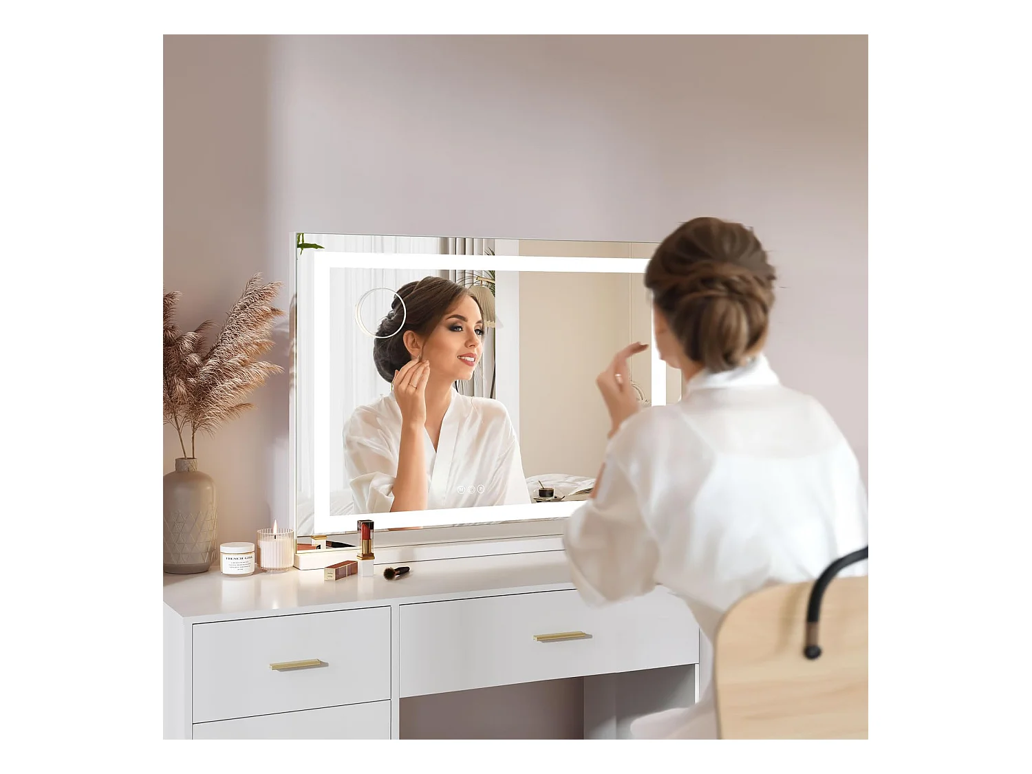 Miroir Maquillage LED 80x58cm, 3 Modes, Luminosité Réglable, Touch, USB/Type-C, Grossissante Incluse, Table ou Mur, Blanc