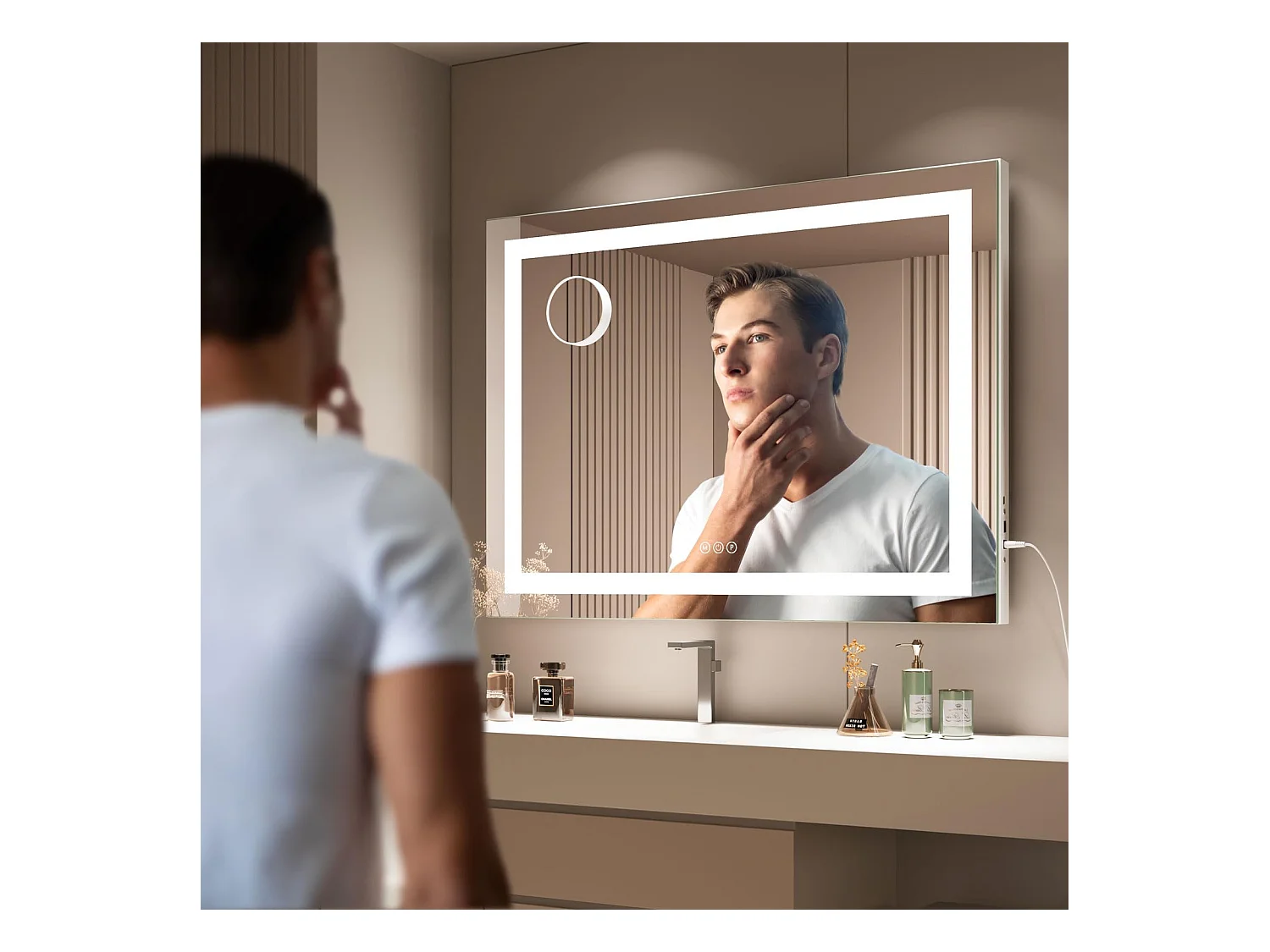 Miroir Maquillage LED 80x58cm, 3 Modes, Luminosité Réglable, Touch, USB/Type-C, Grossissante Incluse, Table ou Mur, Blanc