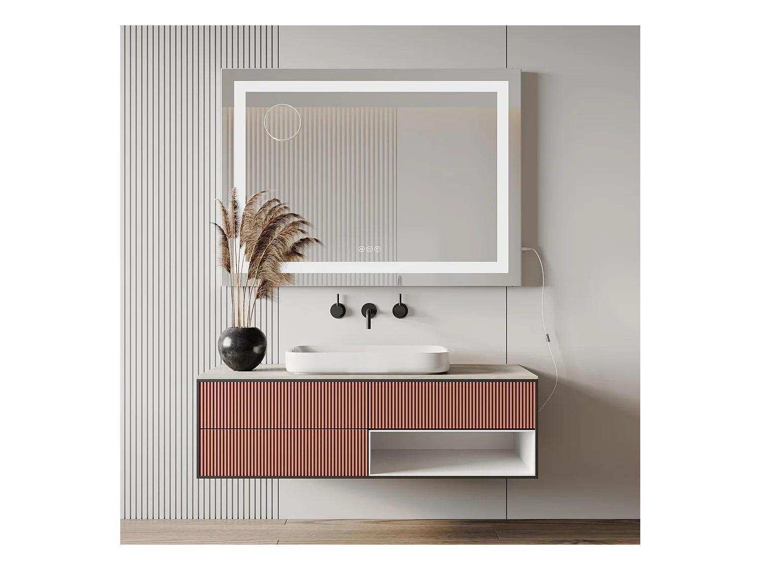 Miroir Maquillage LED 80x58cm, 3 Modes, Luminosité Réglable, Touch, USB/Type-C, Grossissante Incluse, Table ou Mur, Blanc