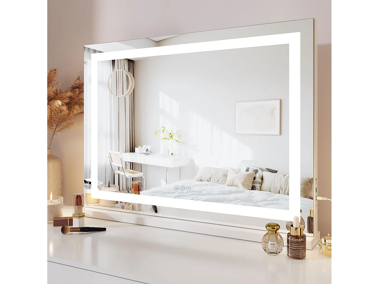Miroir Maquillage LED 80x58cm, 3 Modes, Luminosité Réglable, Touch, USB/Type-C, Grossissante Incluse, Table ou Mur, Blanc