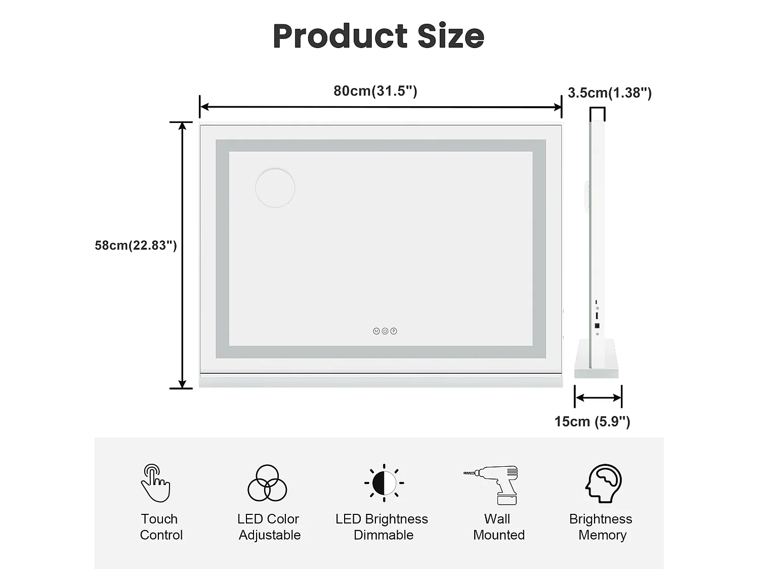 Miroir Maquillage LED 80x58cm, 3 Modes, Luminosité Réglable, Touch, USB/Type-C, Grossissante Incluse, Table ou Mur, Blanc