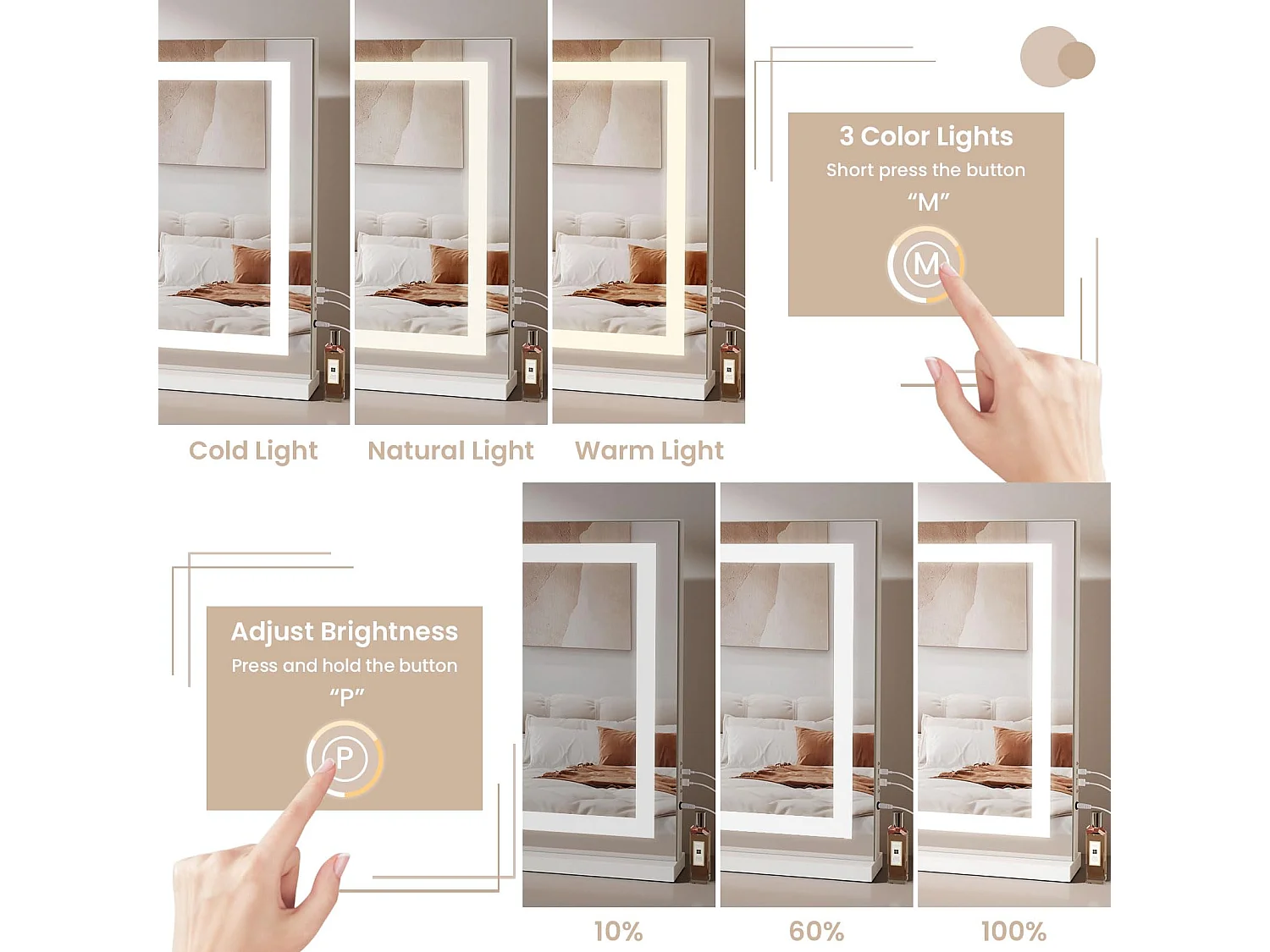 Miroir Maquillage LED 80x58cm, 3 Modes, Luminosité Réglable, Touch, USB/Type-C, Grossissante Incluse, Table ou Mur, Blanc