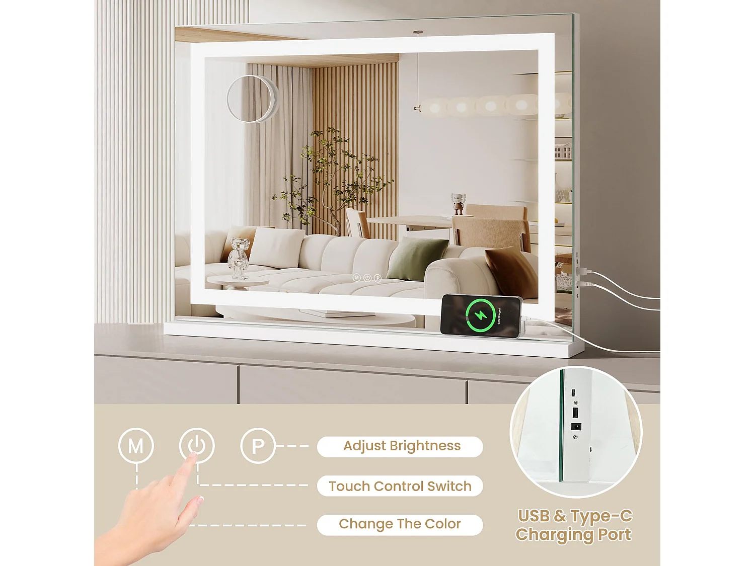 Miroir Maquillage LED 80x58cm, 3 Modes, Luminosité Réglable, Touch, USB/Type-C, Grossissante Incluse, Table ou Mur, Blanc