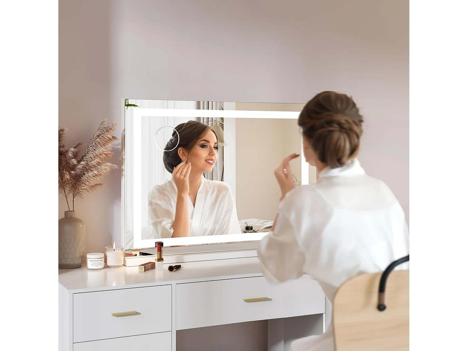 Miroir Maquillage LED 80x58cm, 3 Modes, Luminosité Réglable, Touch, USB/Type-C, Grossissante Incluse, Table ou Mur, Blanc