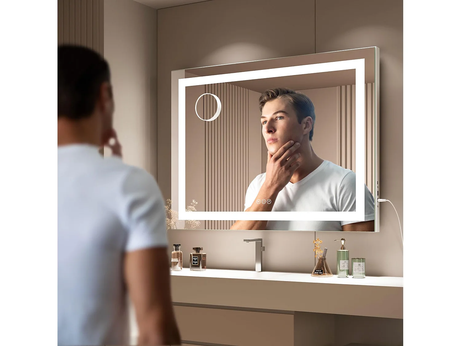 Miroir Maquillage LED 80x58cm, 3 Modes, Luminosité Réglable, Touch, USB/Type-C, Grossissante Incluse, Table ou Mur, Blanc