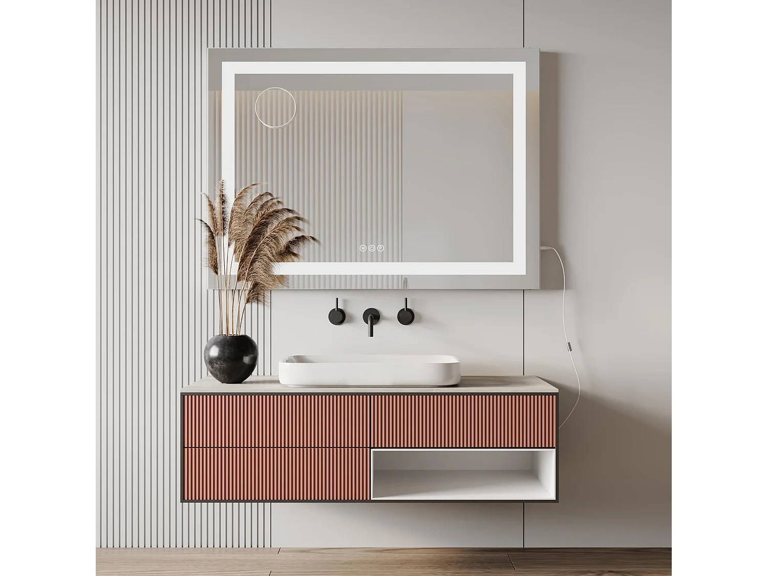 Miroir Maquillage LED 80x58cm, 3 Modes, Luminosité Réglable, Touch, USB/Type-C, Grossissante Incluse, Table ou Mur, Blanc