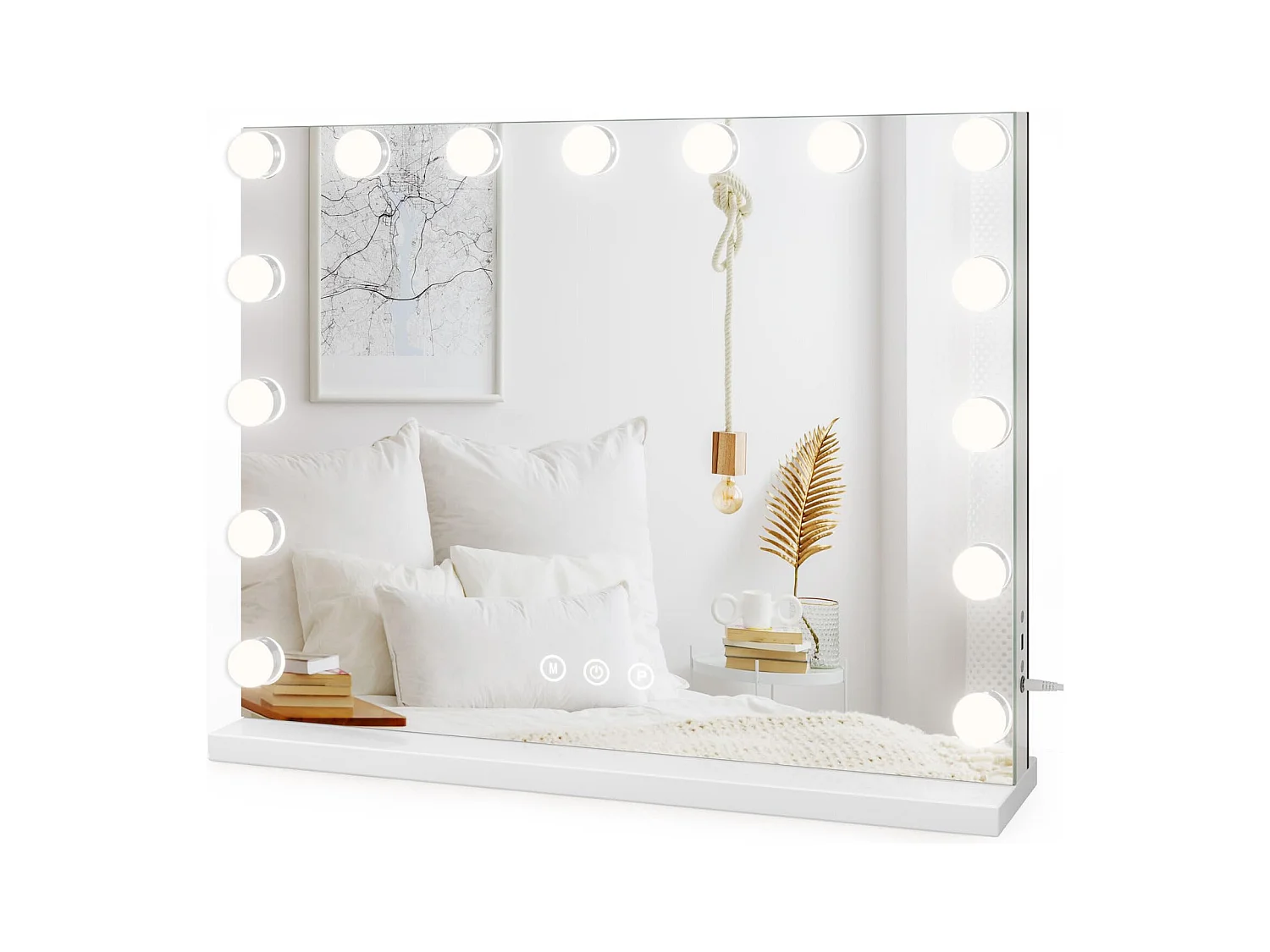 Miroir Maquillage Hollywood 15 LED, 3 Modes, Luminosité Réglable, Contrôle Tactile, Port USB, Utilisation Table ou Mur, 58x45cm, Blanc
