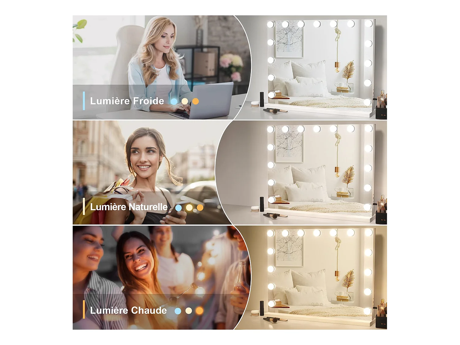 Miroir Maquillage Hollywood 15 LED, 3 Modes, Luminosité Réglable, Contrôle Tactile, Port USB, Utilisation Table ou Mur, 58x45cm, Blanc