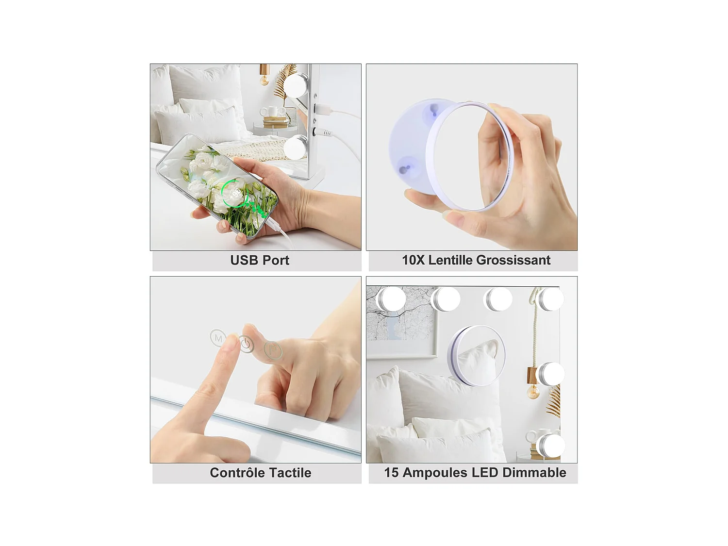 Miroir Maquillage Hollywood 15 LED, 3 Modes, Luminosité Réglable, Contrôle Tactile, Port USB, Utilisation Table ou Mur, 58x45cm, Blanc