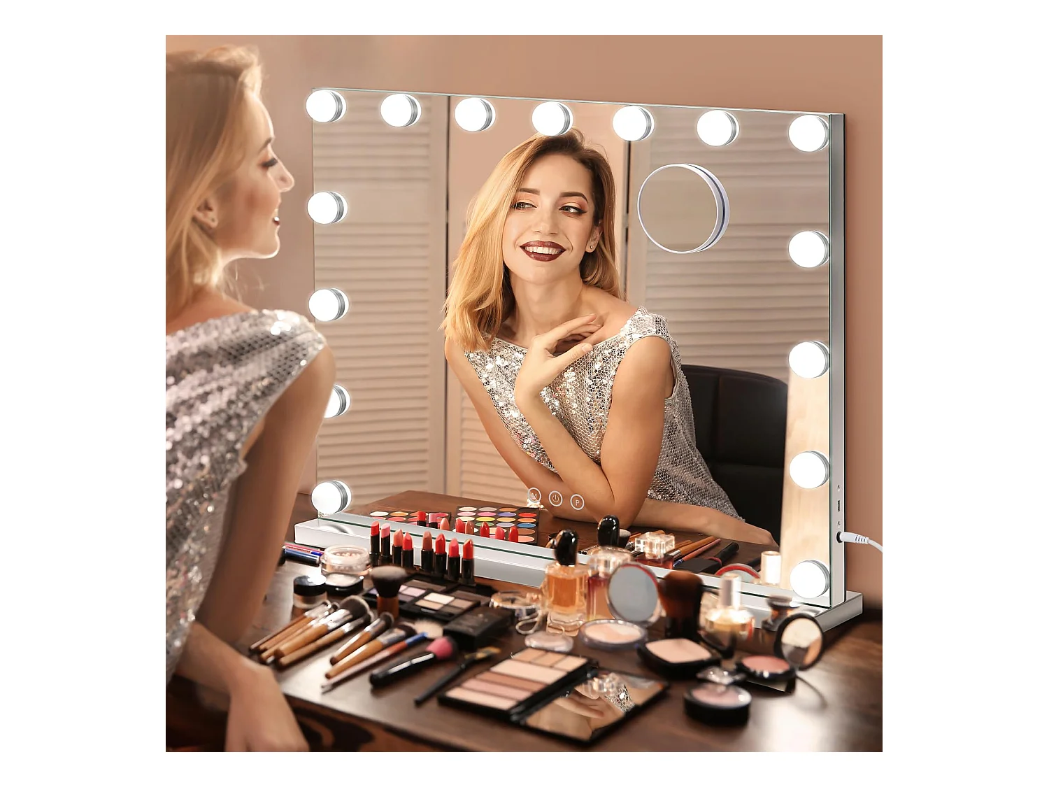 Miroir Maquillage Hollywood 15 LED, 3 Modes, Luminosité Réglable, Contrôle Tactile, Port USB, Utilisation Table ou Mur, 58x45cm, Blanc