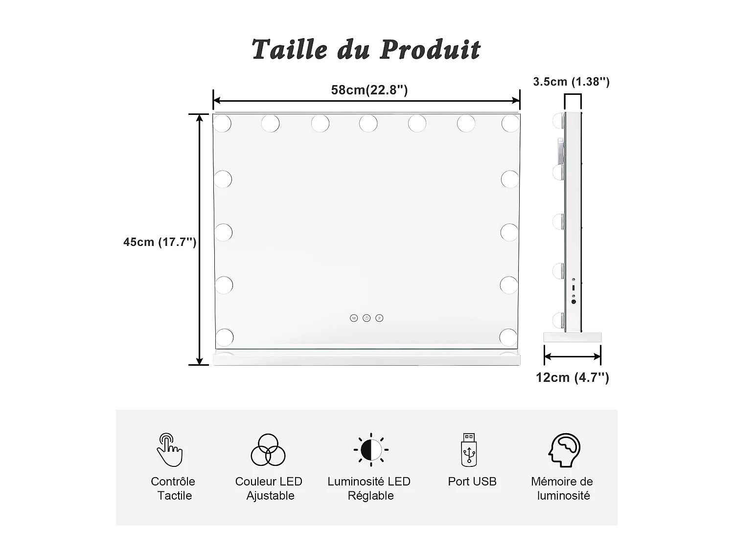 Miroir Maquillage Hollywood 15 LED, 3 Modes, Luminosité Réglable, Contrôle Tactile, Port USB, Utilisation Table ou Mur, 58x45cm, Blanc
