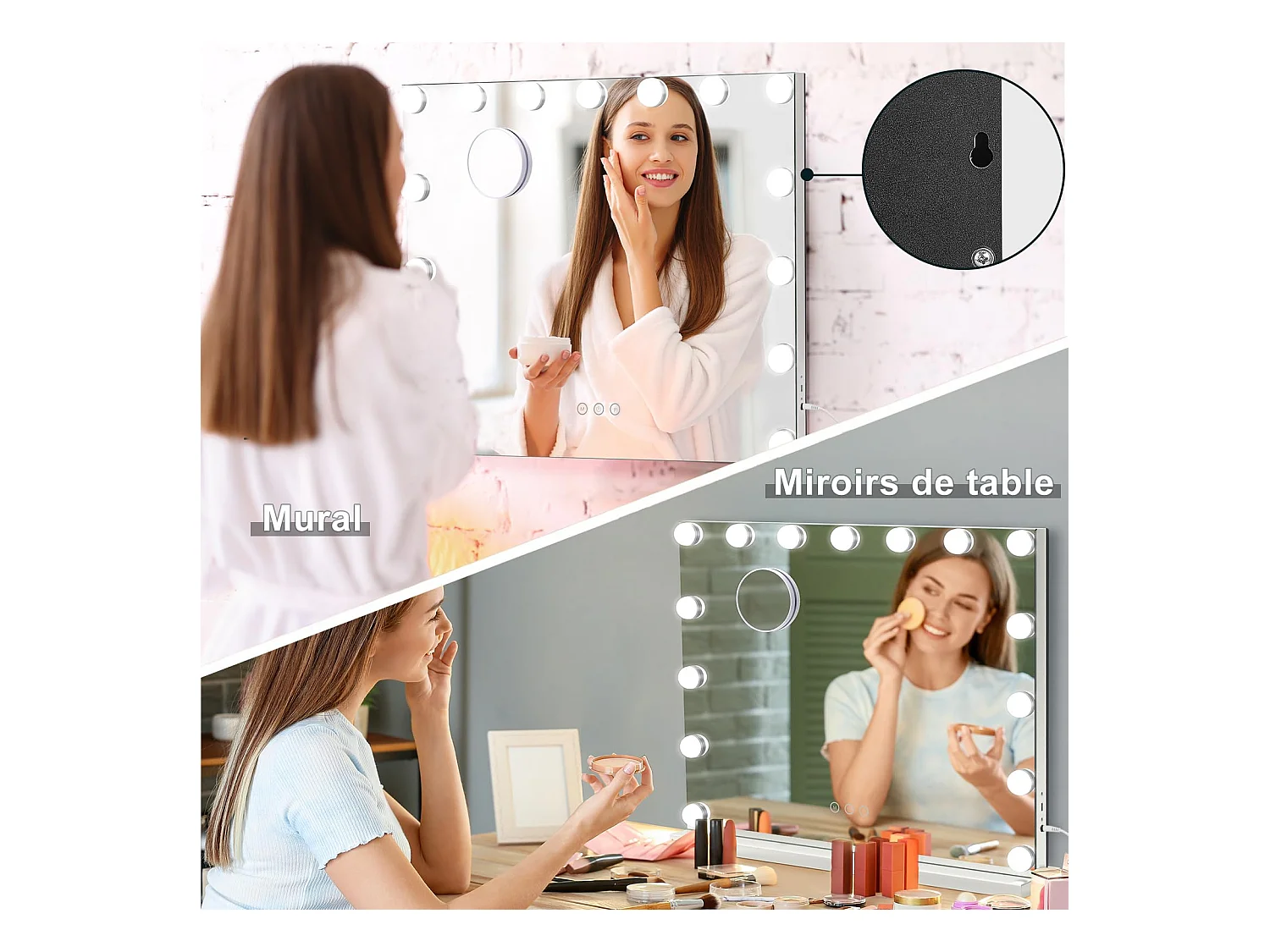 Miroir Maquillage Hollywood 15 LED, 3 Modes, Luminosité Réglable, Contrôle Tactile, Port USB, Utilisation Table ou Mur, 58x45cm, Blanc