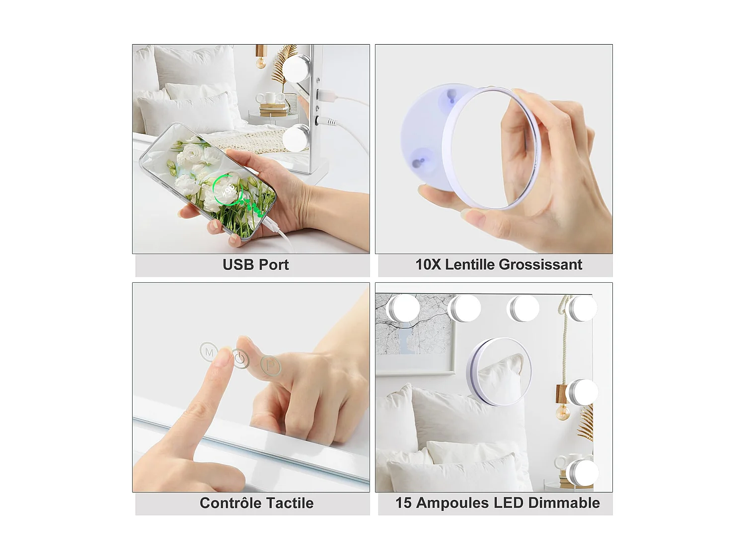 Miroir Maquillage Hollywood 15 LED, 3 Modes, Luminosité Réglable, Contrôle Tactile, Port USB, Utilisation Table ou Mur, 58x45cm, Blanc