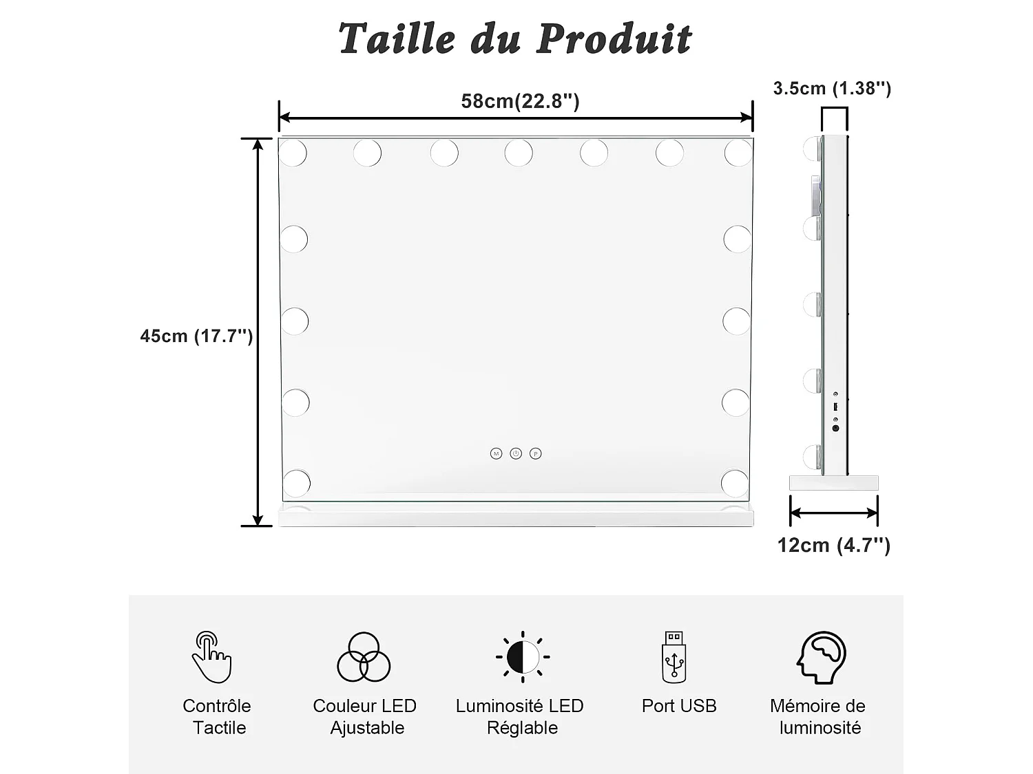 Miroir Maquillage Hollywood 15 LED, 3 Modes, Luminosité Réglable, Contrôle Tactile, Port USB, Utilisation Table ou Mur, 58x45cm, Blanc