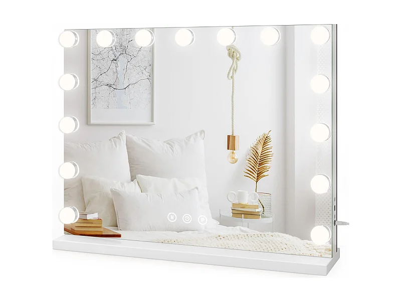 Miroir Maquillage Hollywood 15 LED, 3 Modes, Luminosité Réglable, Contrôle Tactile, Port USB, Utilisation Table ou Mur, 58x45cm, Blanc