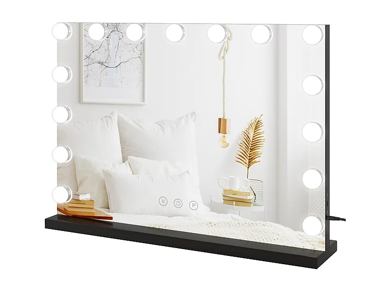 Miroir Maquillage Hollywood 15 LED, 3 Modes, Luminosité Réglable, Contrôle Tactile, Port USB, Utilisation Table ou Mur, 58x45cm, Noir