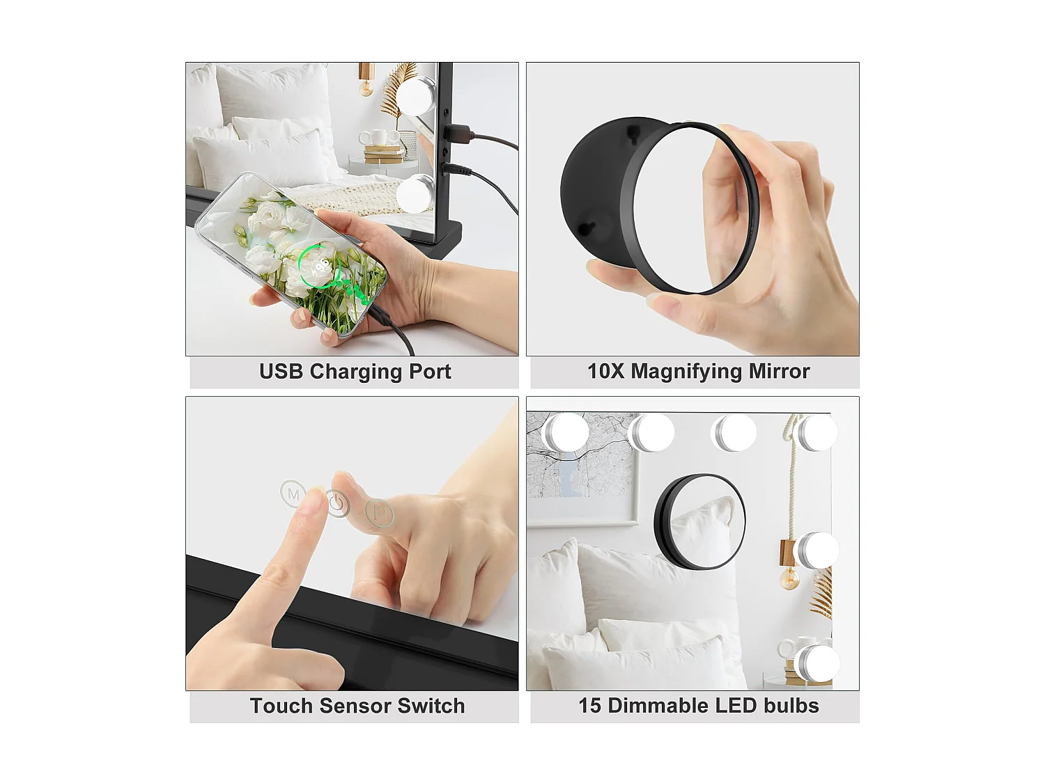 Miroir Maquillage Hollywood 15 LED, 3 Modes, Luminosité Réglable, Contrôle Tactile, Port USB, Utilisation Table ou Mur, 58x45cm, Noir