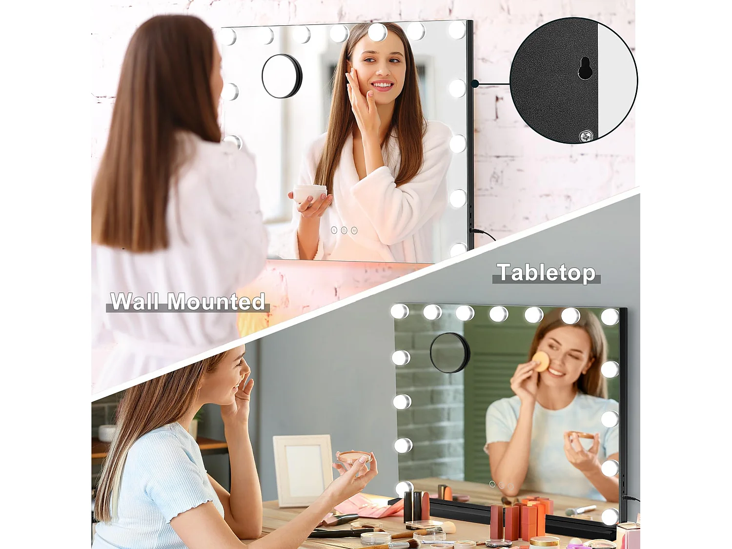 Miroir Maquillage Hollywood 15 LED, 3 Modes, Luminosité Réglable, Contrôle Tactile, Port USB, Utilisation Table ou Mur, 58x45cm, Noir