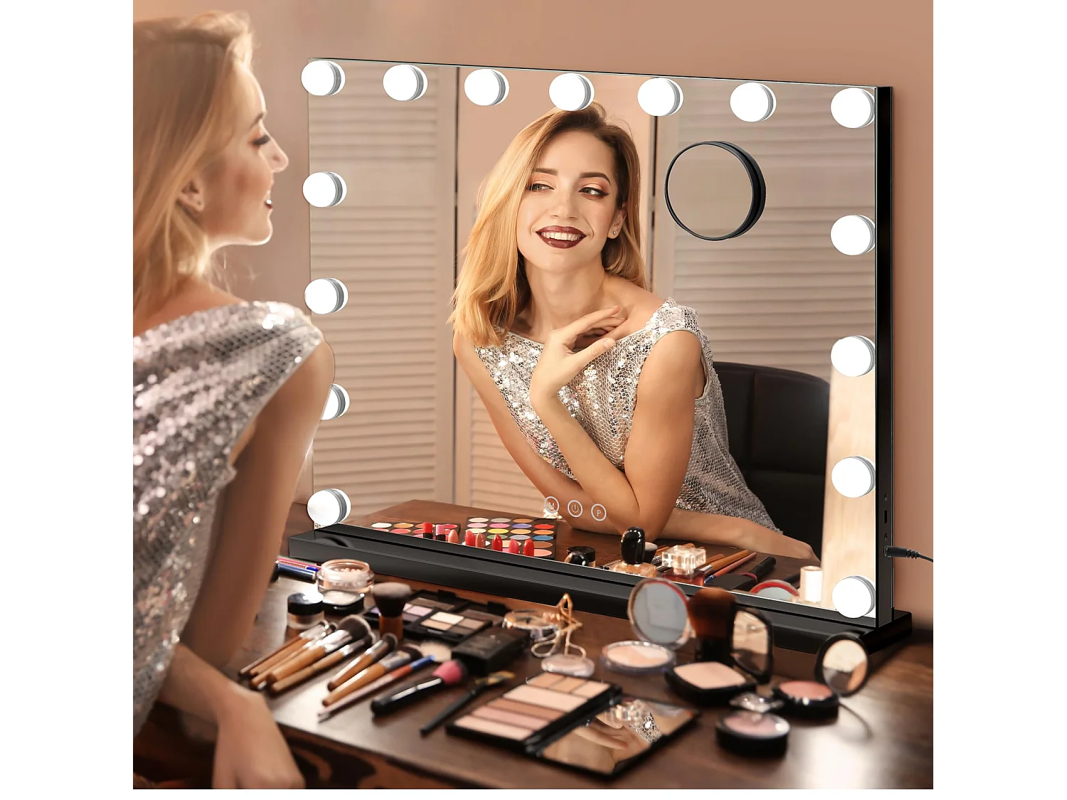 Miroir Maquillage Hollywood 15 LED, 3 Modes, Luminosité Réglable, Contrôle Tactile, Port USB, Utilisation Table ou Mur, 58x45cm, Noir