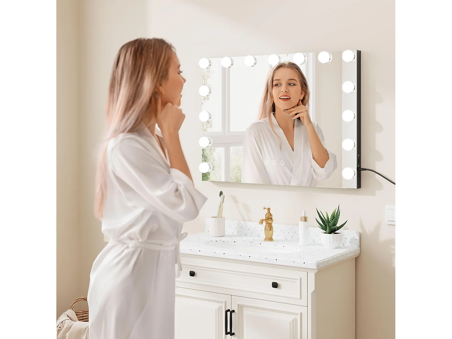 Miroir Maquillage Hollywood 15 LED, 3 Modes, Luminosité Réglable, Contrôle Tactile, Port USB, Utilisation Table ou Mur, 58x45cm, Noir