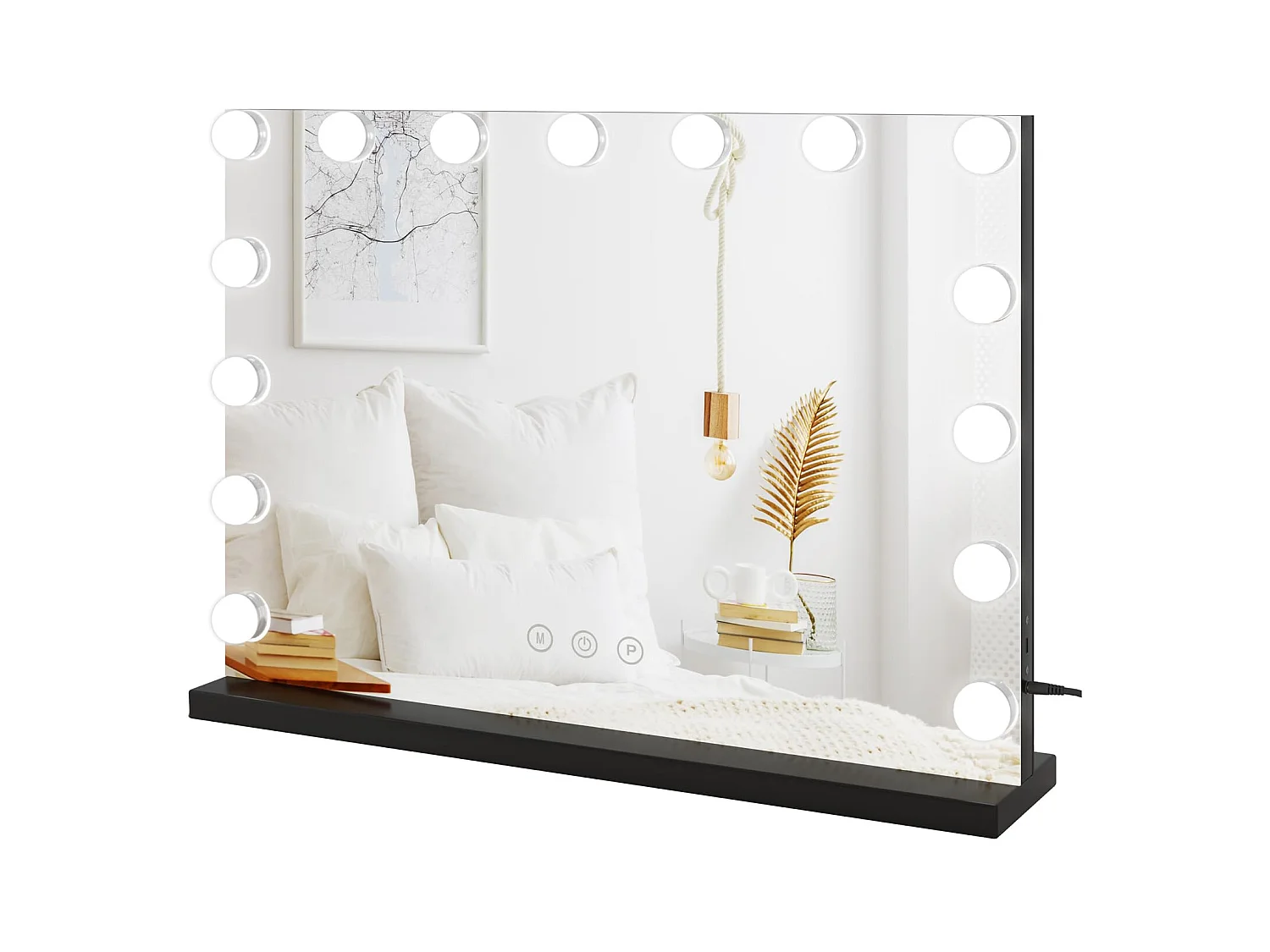 Miroir Maquillage Hollywood 15 LED, 3 Modes, Luminosité Réglable, Contrôle Tactile, Port USB, Utilisation Table ou Mur, 58x45cm, Noir