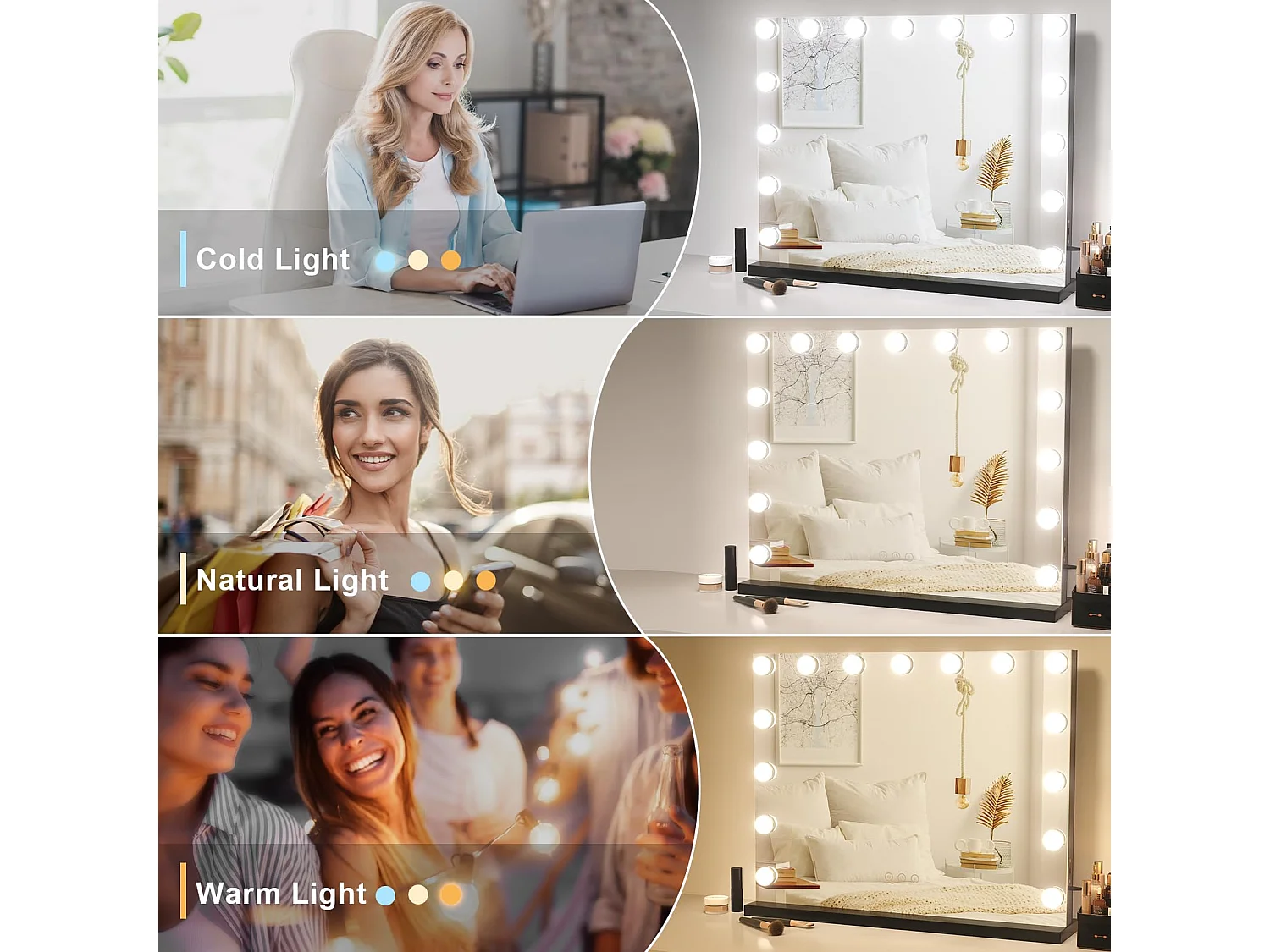 Miroir Maquillage Hollywood 15 LED, 3 Modes, Luminosité Réglable, Contrôle Tactile, Port USB, Utilisation Table ou Mur, 58x45cm, Noir