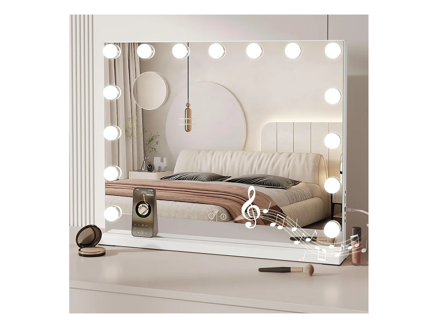 Miroir Maquillage LED 15 Ampoules 58x45cm, Bluetooth, Hollywood, 3 Modes, Luminosité Réglable, Touch, Table ou Mur, Blanc
