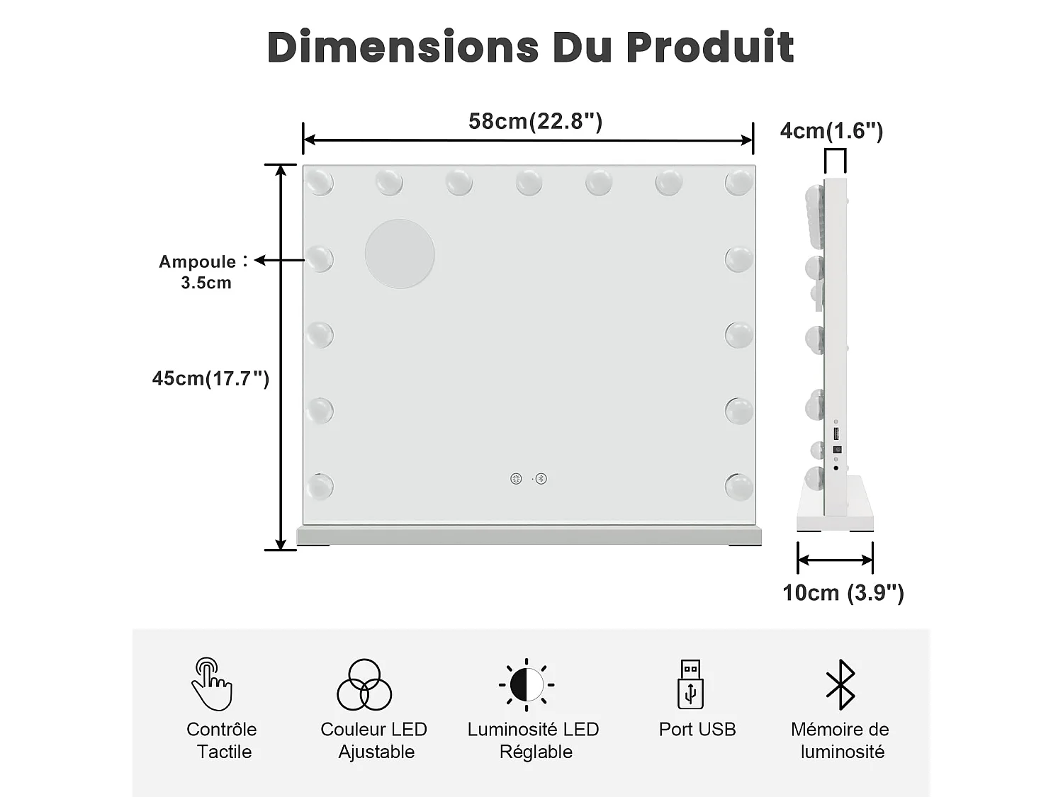 Miroir Maquillage LED 15 Ampoules 58x45cm, Bluetooth, Hollywood, 3 Modes, Luminosité Réglable, Touch, Table ou Mur, Blanc